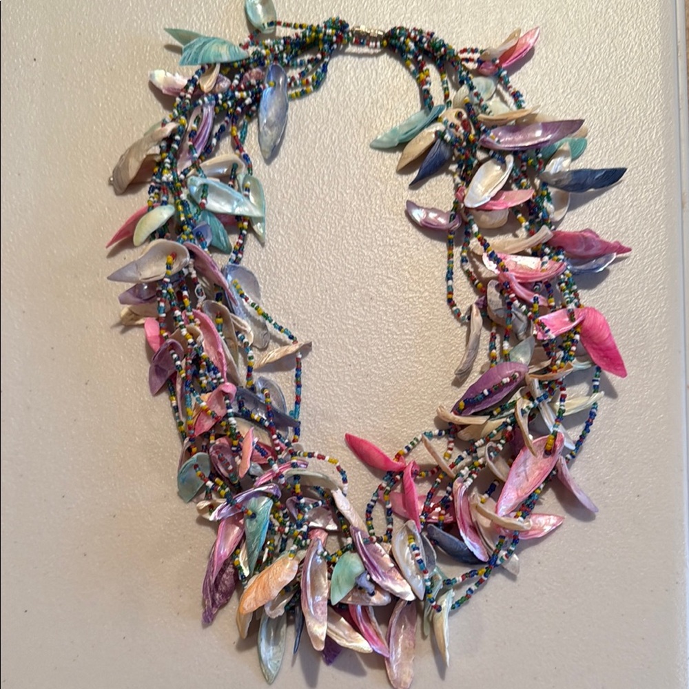 Shell Beaded Statement Vintage Necklace in Pink and Blue